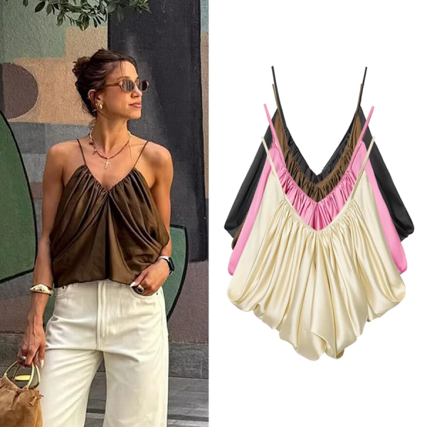 Satin Pleated V-Neck Slip Top